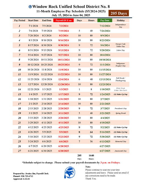 11-Month Payroll Schedule